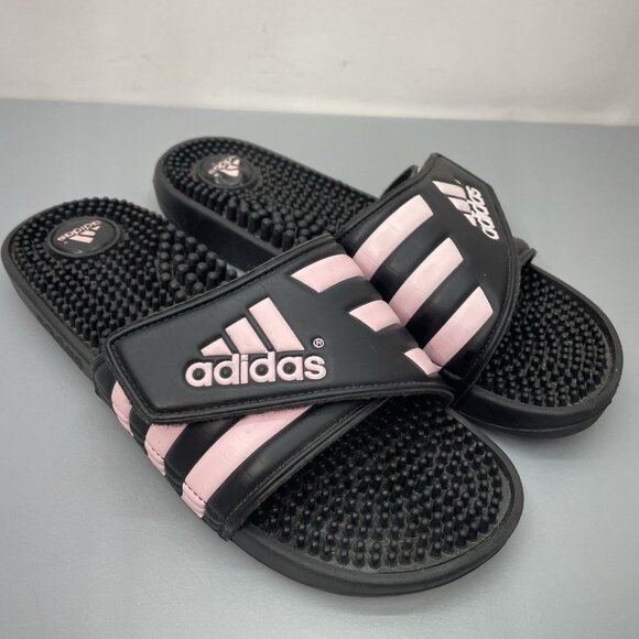 Adidas Adissage Slide Sandals Adjustable Black Pink Womens 9.5 Mens 8 - Picture 1 of 11